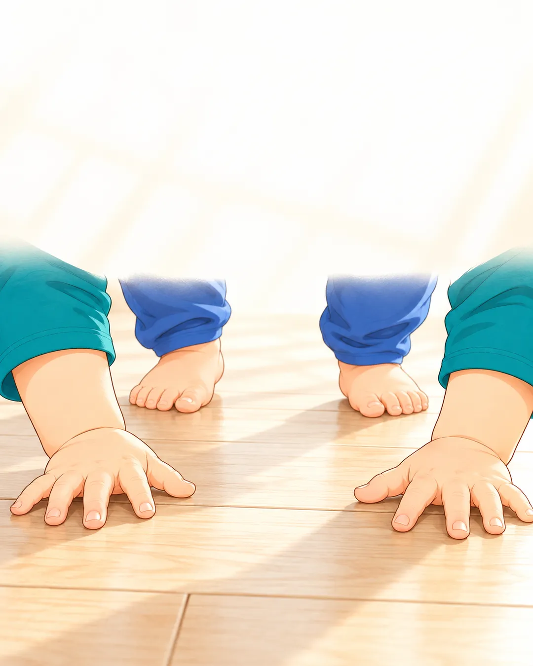 床に手をついて立ち上がろうとする、小さな手と足