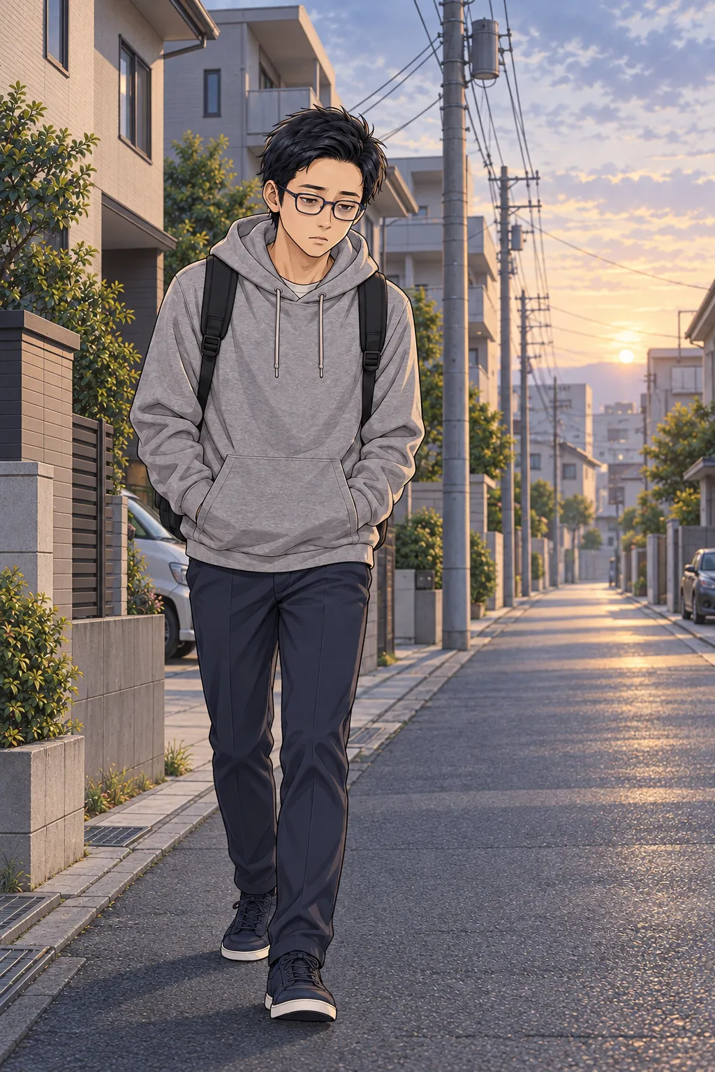 夜明けの住宅街を、眠そうに歩くあべこ（グレーのパーカー・リュック）