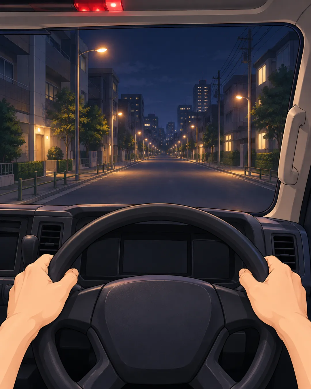 夜の道路。救急車のハンドルを握る手