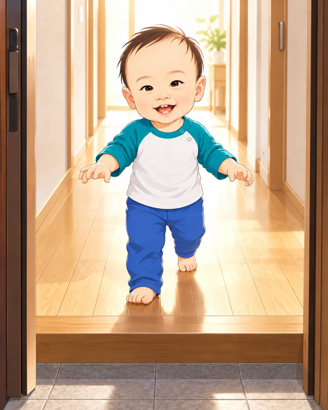 ドアを開けると、光の中で息子がひとりで立ち、よちよち歩いてくる