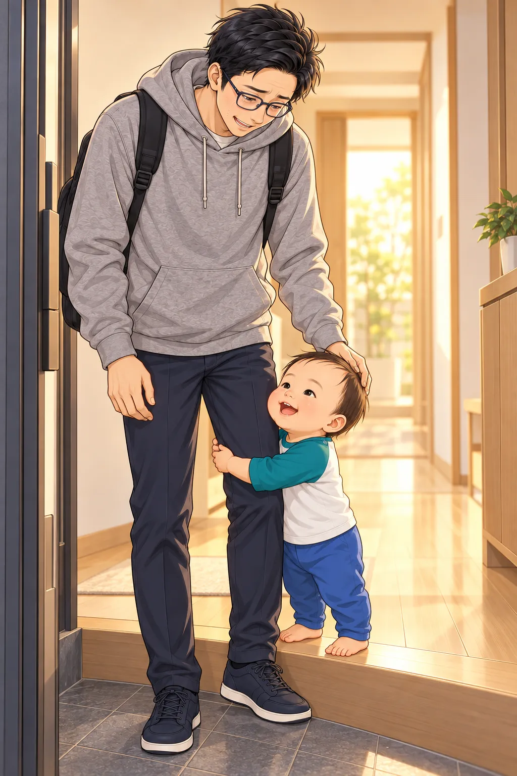 あべこの足に抱きつく息子と、泣き笑いのあべこ