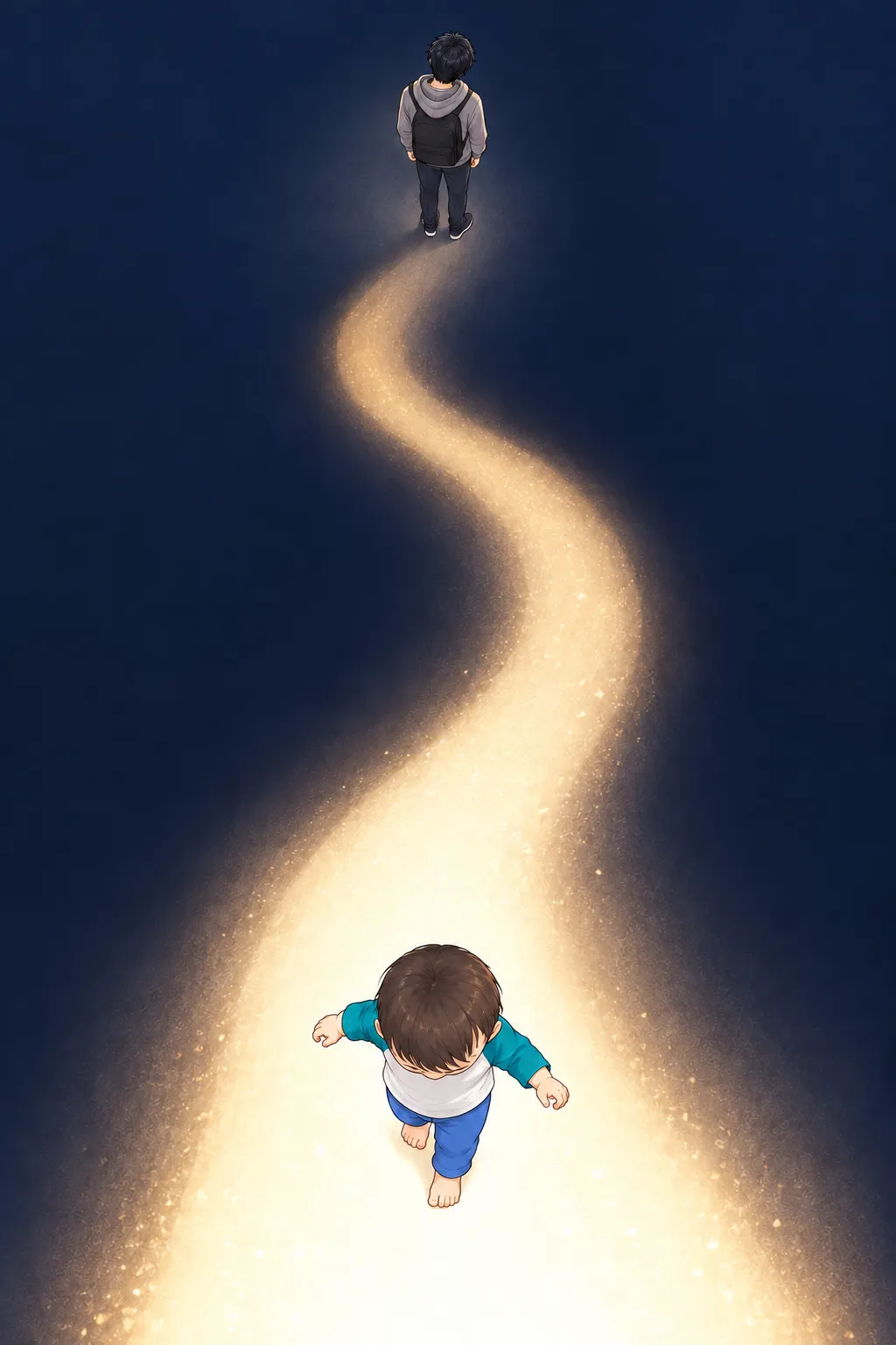 光の道を先へ歩いていく息子と、後ろで小さく立ち止まるあべこ