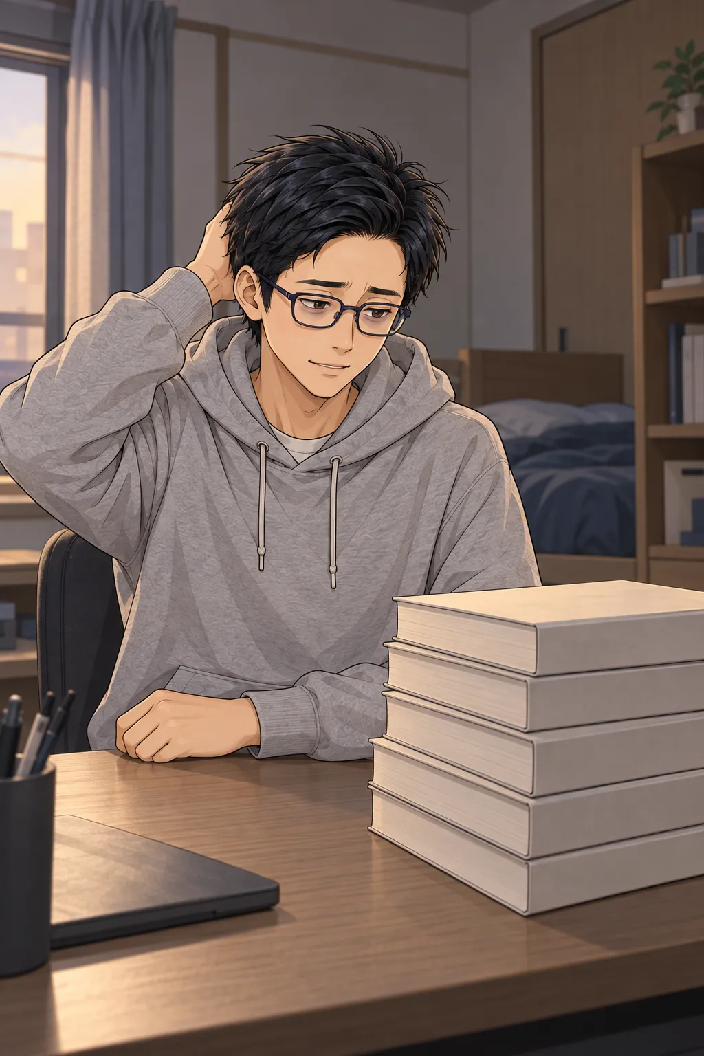 止まったテキストの前で、頭をかいて苦笑いするあべこ