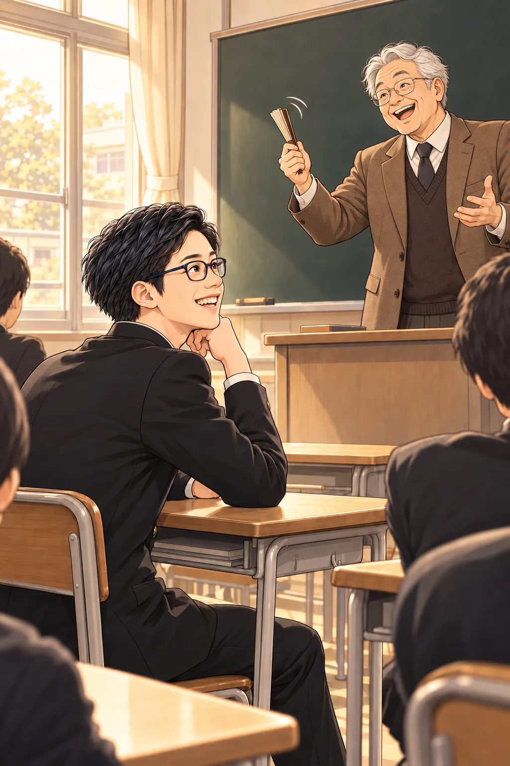 扇子を鳴らして話す倫理の先生と、前のめりで聞く学生のあべこ