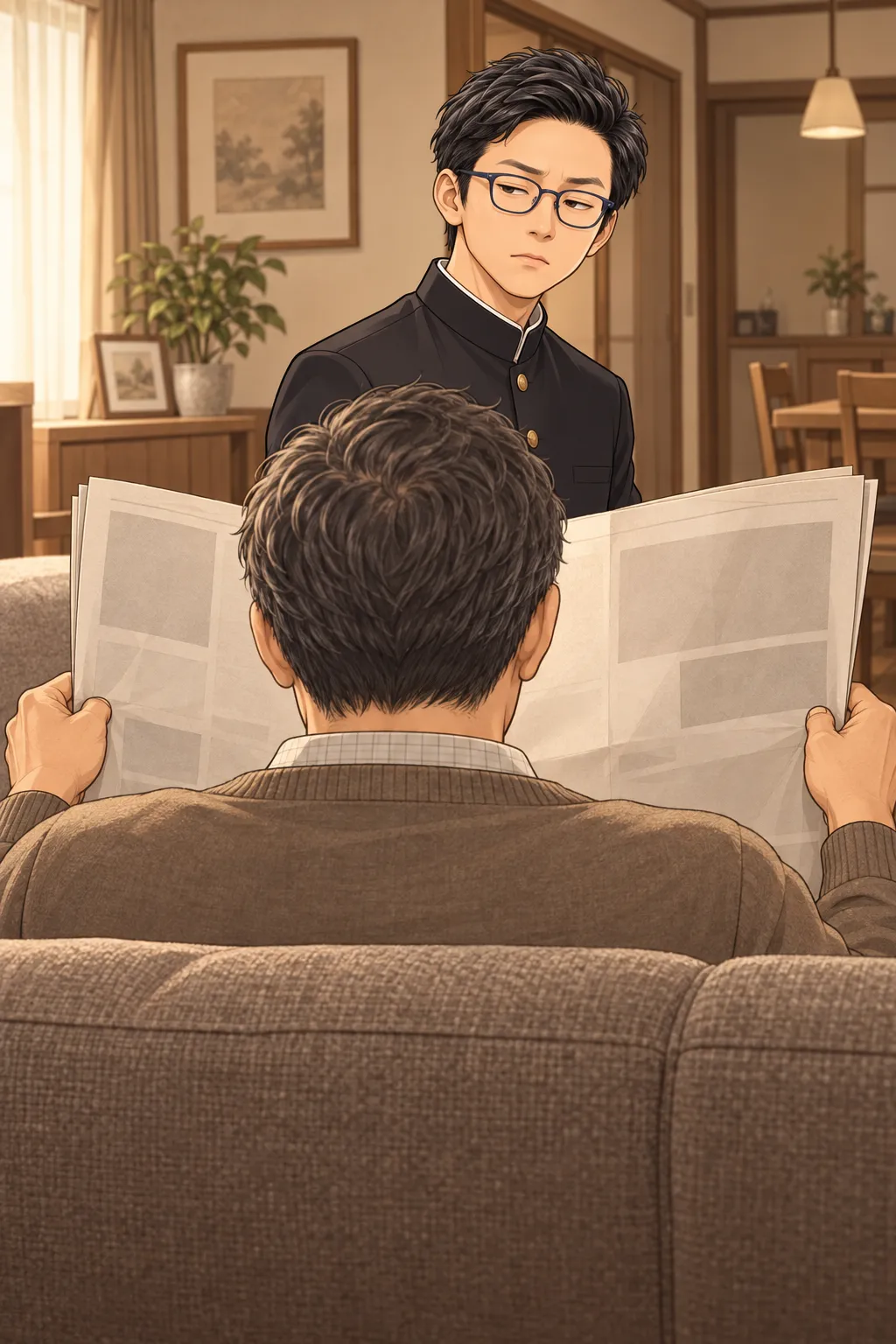 ソファで新聞を読む父の後ろ姿と、学生のあべこ