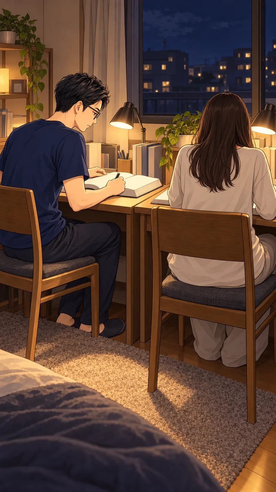 机を並べて参考書に向かう、若いころのあべこと当時の彼女（後ろ姿）