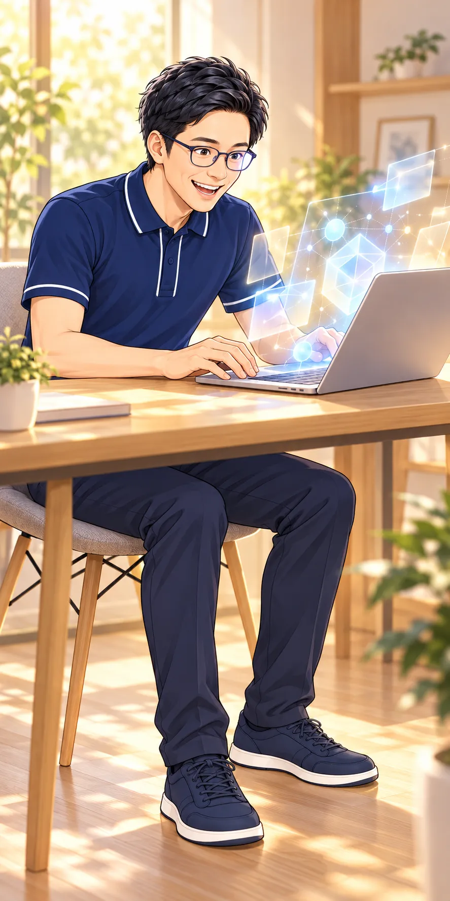 新しいものを前に、前のめりのあべこ（ネイビーのポロ）