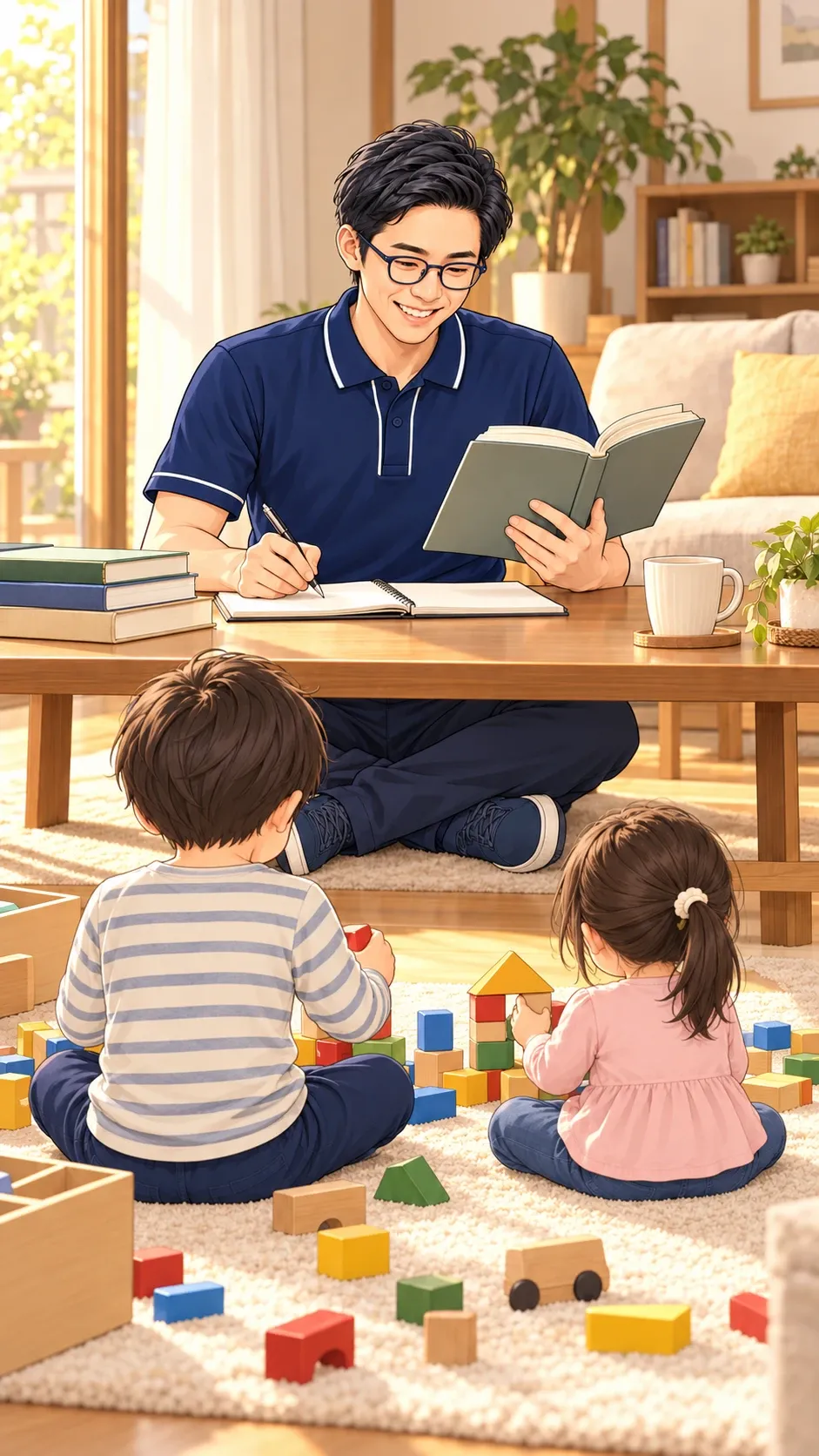 リビングで学ぶあべこと、そばで遊ぶ子どもたち