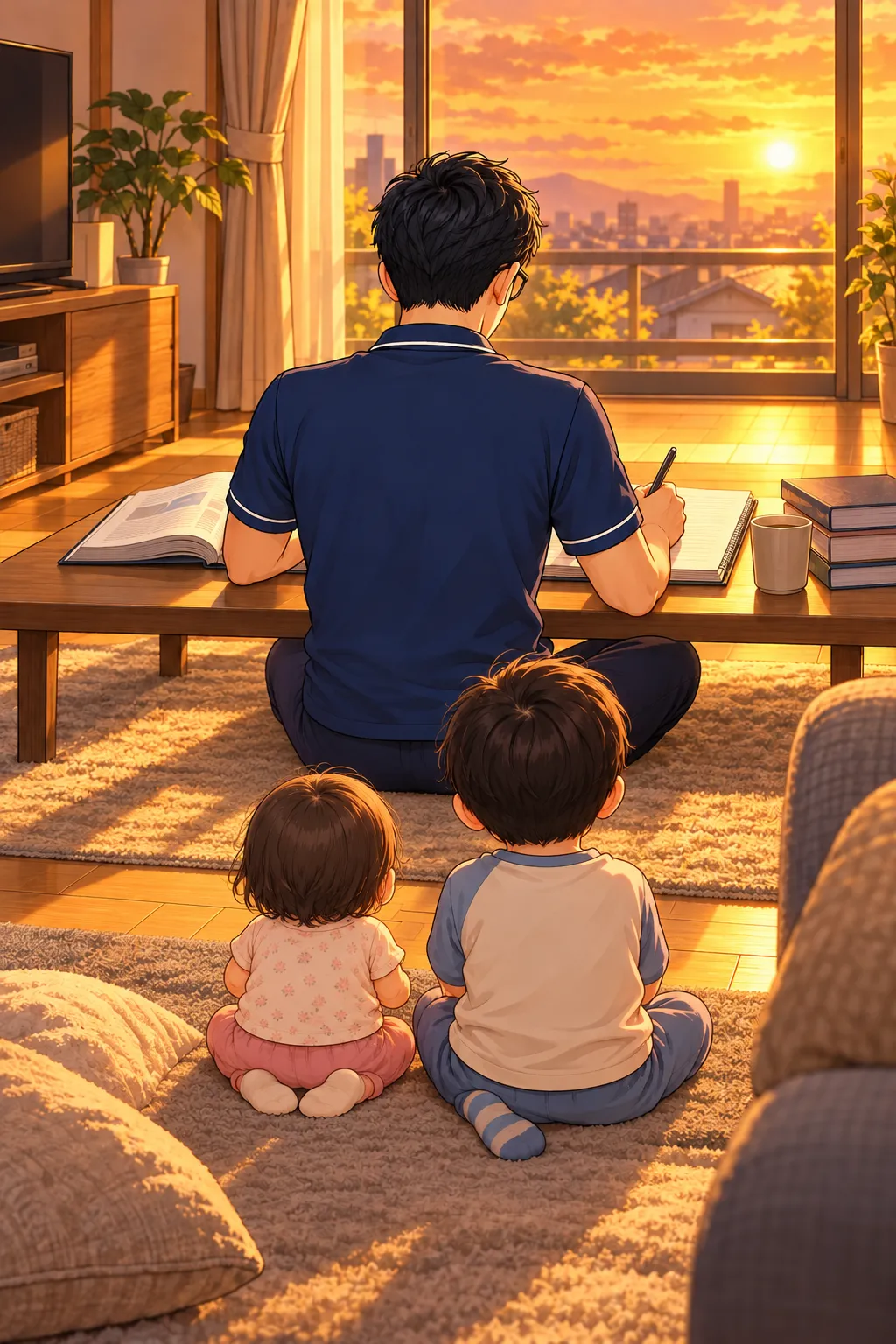 夕方のリビング。学ぶあべこの背中と、それを見る子どもたちの背中