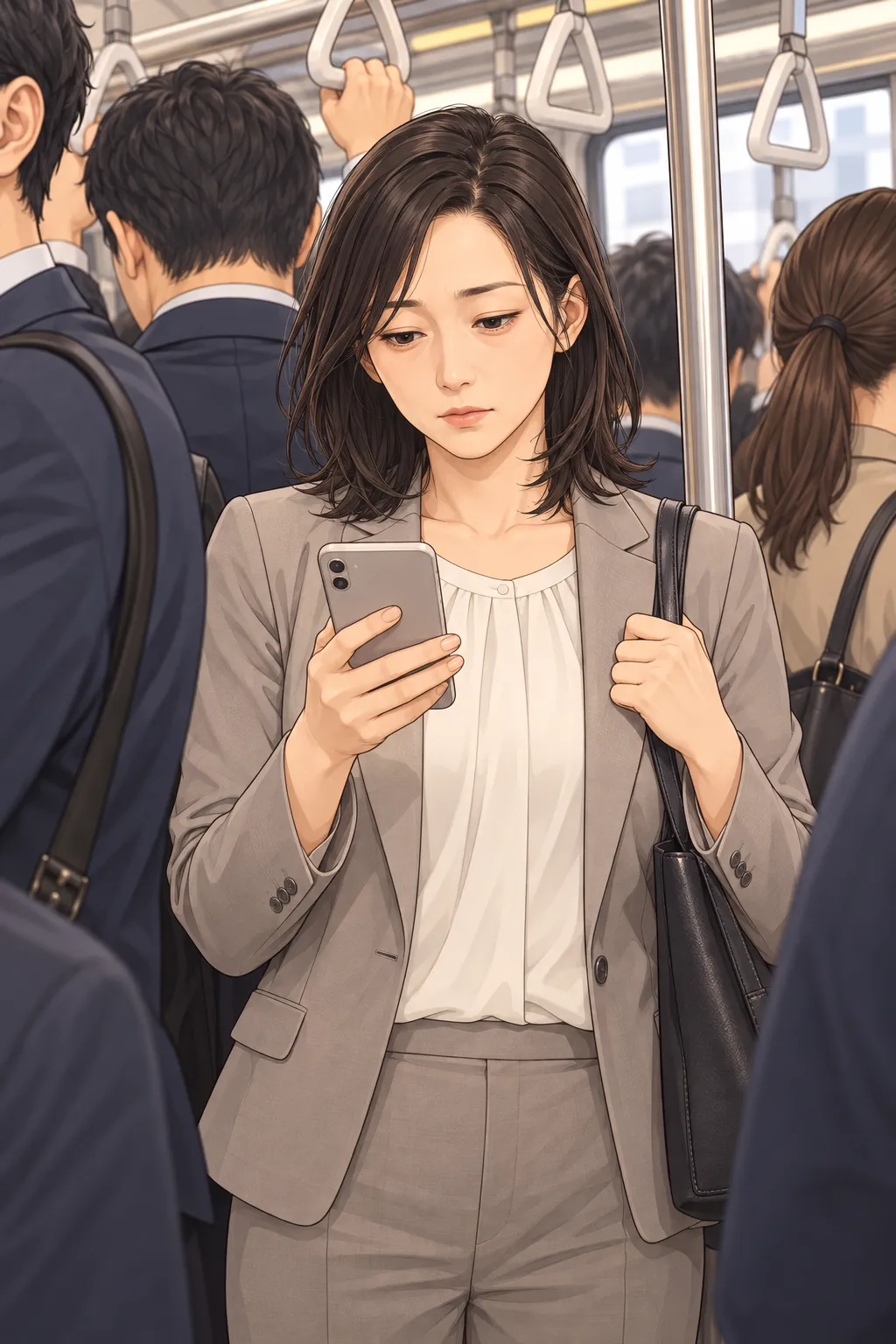 通勤電車でぼんやりスマホを見る大人