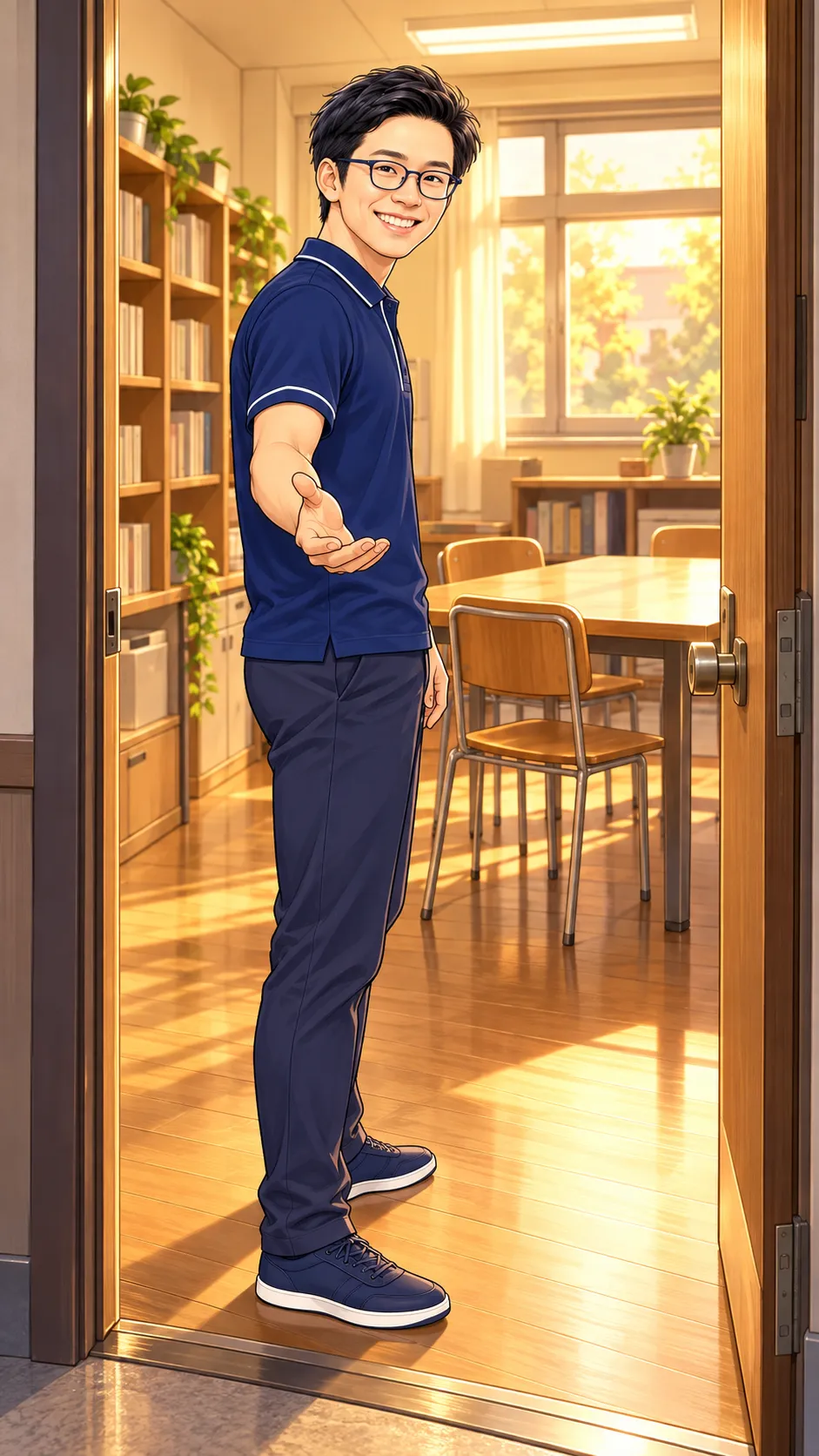 開いた部室のドアの中で、振り返って手招きするあべこ